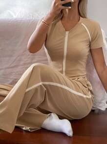 DAZY Conjunto de ropa de estar en casa de punto de dos tonos y estilo deportivo para mujer