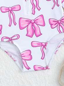 SHEIN 女婴蝴蝶印花荷叶边盖袖拉链连体泳衣 - 粉色 - 查看 4