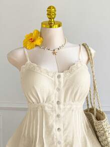 Comfortcana 黄色蕾丝拼布纽扣设计吊带背心，春夏