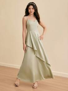 SHEIN 青少年女孩荷叶边 V 领分层细肩带派对礼服，伴娘婚礼正式服装