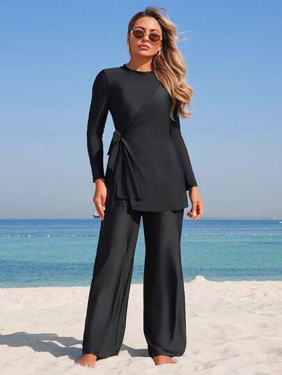 Swim Mulvari 2 件套女士新款纯色圆领长袖侧抽绳上衣和修身长裤保守度假女士布基尼套装
