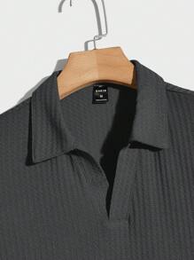 Manfinity Mode Men's Solid Color Minimal Collared Short Sleeve Polo Shirt, Everyday Wear - Dark Grey - View 3