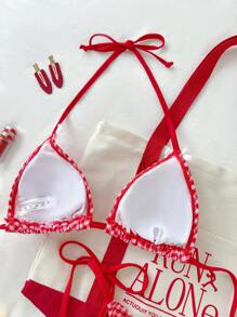 Swim Mod Summer Beach Holiday Cute & Sweet Plaid Textured Bow Decor Triangle Cup Tie Side Bikini Set - Red and White - View 5