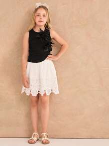 Ontre 青少年女孩休闲花卉装饰吊带背心 - 黑色 - 查看 3