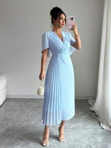 Gloray Einfarbiges Chiffon-Modegewand mit geraffter Taille, elegantes plissiertes Kleid