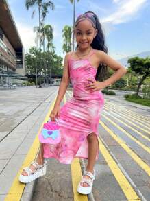 Tween-Mädchen Bedrucktes Lässig Kleid mit langen Trägern, bequem und vielseitig für den Alltag