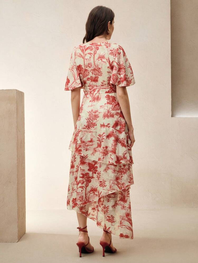 1pc Women's Long Floral Ruffle Sleeve Asymmetrical Hem Dress, Elegant & Casual For Holiday & Resort