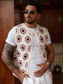 Manfinity CityGents Men's Contrast Color Sleeveless Casual Open Front Knit Top, Summer Men Mexican Shirt , Crochet Vest, Boho Floral Vest