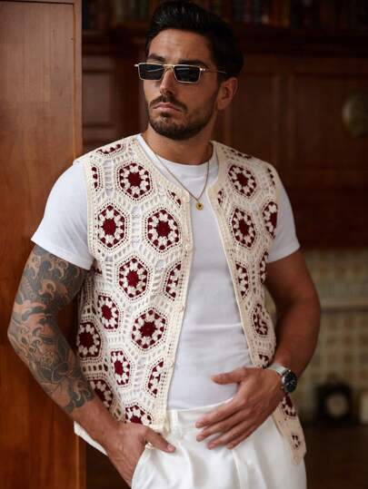 Manfinity CityGents Parte superior de punto sin mangas de estilo casual con apertura frontal y contraste de color para hombres, camisa mexicana de verano para hombres, chaleco de ganchillo, chaleco floral bohemio