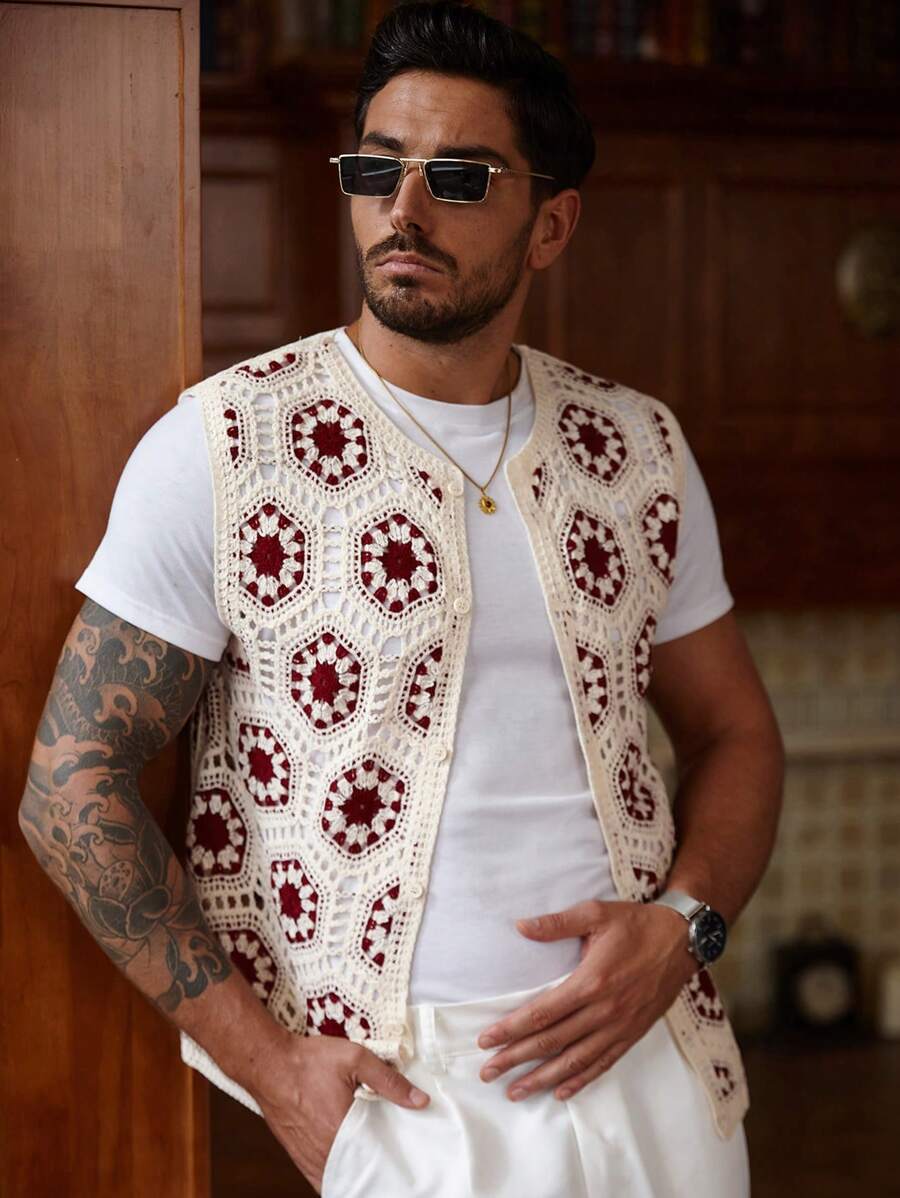 Manfinity CityGents Men's Contrast Color Sleeveless Casual Open Front Knit Top, Summer Men Mexican Shirt , Crochet Vest, Boho Floral Vest