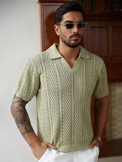 Manfinity CityGents Suéter de punto de manga corta de color liso estilo casual para hombres, verano, camisa de ganchillo para hombres, camisa de punto para hombres, camisa de ganchillo para hombres, camisa de punto, casual de negocios para hombres, suéter para hombres, camisa de ganchillo para hombres, camisa de ganchillo para hombres, camisas de ganchillo para hombres, polo de ganchillo para hombres