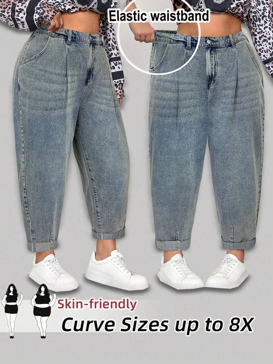 SHEIN CURVE+ Jeans casual a zampa con decorazioni sulle tasche, multifunzionali, per taglie forti