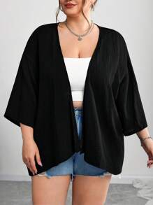 SHEIN CURVE+ 秋冬季大码女式纯色七分袖宽松休闲开襟夹克/图案T恤