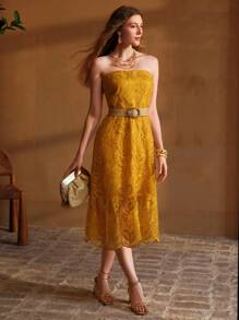 MOTF PREMIUM VÁY LƯỚI THÊU RỘNG VAI - Màu vàng - Xem 5