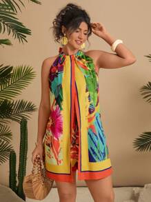 Travachic 大码热带印花吊带开衩连体衣 - 彩色 - 查看 4