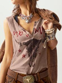 Bohemela Plus Size Summer Casual Bull Graphic Print Tank Top,Vintage - Dusty Purple - View 3