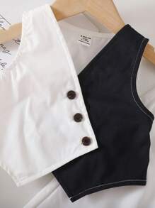 TaviRue Babygirl 夏季都市优雅黑白拼布吊带背心和宽松腰连衣裙 2 件套 - 黑與白 - 查看 6