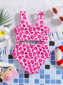 SHEIN Babygirl 夏季可爱休闲针织粉色豹纹泳衣 - 粉色 - 查看 2