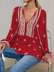 EMERY ROSE Women Retro Floral Print Long Sleeve Tie Front Shirt Peplum Top Fall Cloth For Women - Red - View 6