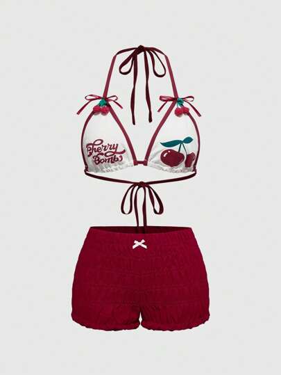 Kawaii 2pcs/Set Leisure Cherry Pattern Crop Top And Ruched Elastic Waist Shorts Beach Vacation Summer Swimsuit For Girls
