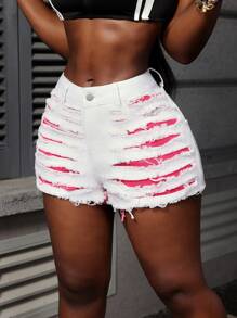 Slaydiva Women's Ripped Denim Colorblock Layer Shorts - Multicolor - View 1