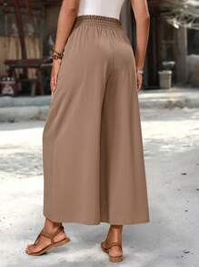 Pantalones casuales de verano para mujer con cintura de bolsa de papel, bolsillos y pierna ancha de unicolor - Caqui - Ver 2