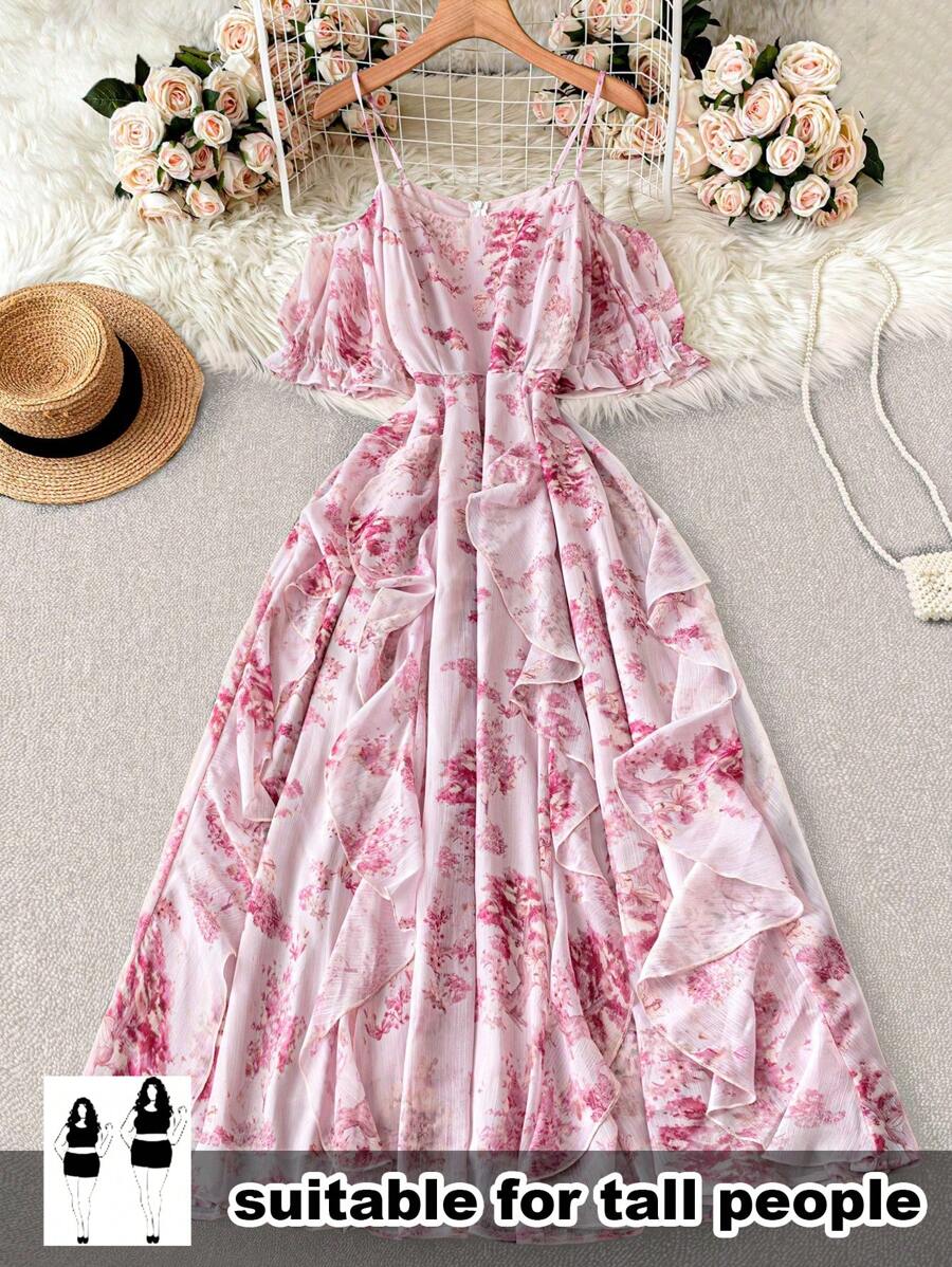 SHEIN Tall Vestido de estilo artístico elegante y único para mujer de talla grande, con estampado de flores estilo dama francesa apropiado para el verano, vuelta al cole, graduación, festivales, San Valentín, festivales de música, Día de la Madre, Halloween, Acción de Gracias, Pascua, Día Nacional, bailes, citas, fiestas, actividades al aire libre