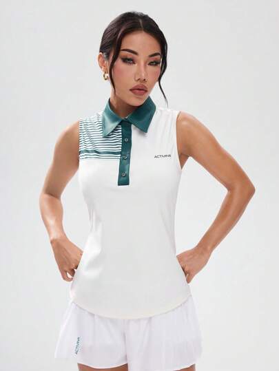 女式夏季休闲条纹字母印花撞色 Polo 衫