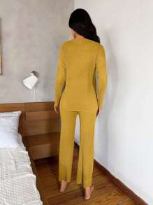 RueChic Floral and Slogan Graphic Ribbed Knit Tee & Pants Lounge Set - Yellow - View 2