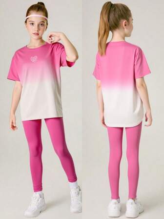 SHEIN Tween Girls 2pcs Set T-Shirt + Legging Pants, Elastic Yoga/Exercise/Running Activewear, Colorful Campus/Street Fashion Sportswear