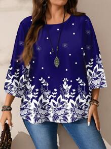 EMERY ROSE 大码女式休闲全印花圆领宽松 3/4 袖衬衫，春/秋