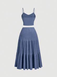 SHEIN MOD Bộ 2 món áo ba lỗ dệt kim họa tiết cỡ lớn dành cho nữ và chân váy dài midi, màu xanh nhạt - Màu xanh bụi bặm - Xem 2
