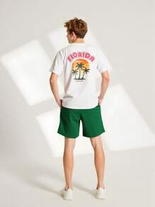 Set 2 piese tricou și pantaloni scurți cu imprimeu de palmieri pentru băieți preadolescenti