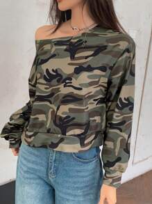 SHEIN EZwear Damen lässiges, loses Langarm-T-Shirt mit Camouflage-Muster