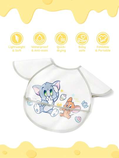 TOM & JERRY X SHEIN 0-2 Years Old Baby Waterproof Oil-Proof Bib, TPU Material Cute Cat & Mouse Cartoon Pattern, White, Suitable For Boys & Girls, Ideal For Feeding, Super Soft, Lightweight & Foldable, Portable