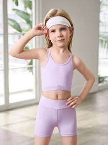 SHEIN Girl's Purple Solid Color Criss-Cross Back Design Tank Top And Tight Shorts Matching Sets, Stretch Fabric, Soft & Comfortable Sports Wear Girls Workout Set