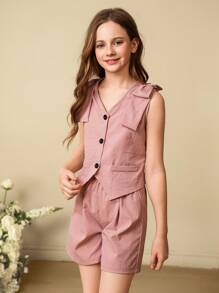 SHEIN Tween Girls Minimalist Fashion Elegant V-Neck Sleeveless Short Asymmetrical Hem Bow Decor Vest And Elastic Waist Short Pants 2Pcs Set - Pink - View 4