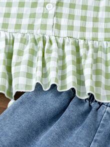 SHEIN Bộ áo ba lỗ bèo nhún không tay họa tiết gingham và quần short denim giản dị mùa hè cho bé gái - Nhiều màu - Xem 8