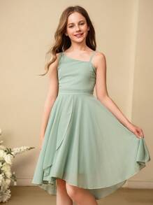 SHEIN Girls' Elegant Minimalist Asymmetrical Shoulder High Waist Mid-Length Asymmetrical Hem Chiffon Green Dress, Suitable For Summer