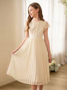 SHEIN Tween Girls' Lace Chiffon Princess Dress Pleated Sweet Flower Girl Wedding Gown