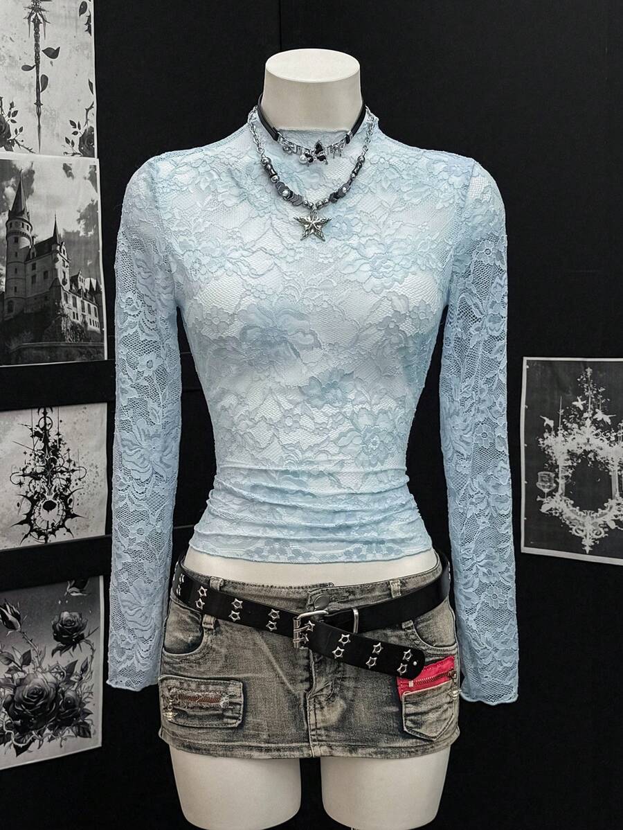 EgrlEra 女士蕾丝弹力牡丹花卉透视性感上衣（随机剪裁）