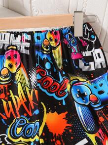 1pc Boys' Summer Graffiti Splash Print Gaming Console Beach Sports Shorts, Street Style