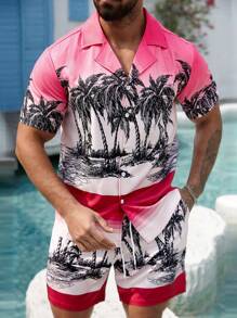 Manfinity RSRT Men Shirt Co-Ords, Men's Casual Vacation INS Coconut Tree Pink Gradient Fresh Romantic Hawaiian Beach Style Print Short Sleeve Shirt Shorts Set With Button Placket. Men's Two-Piece Clothing Vacations, Music Festivals And Daily Street Style. With A Bohemian Island Style, It Is A Great Summer Gift For Your Boyfriend Or Husband.