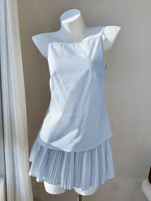 Comfortcana 2件套女士浅蓝色休闲吊带上衣和百褶裙，夏季 - 淺藍色 - 查看 5