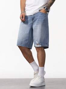 Manfinity Homme Men's Washed Basic Casual Denim Shorts Tropical Hang Out Street - Light Wash - View 5