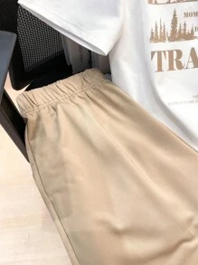 SHEIN 2pcs Tween Boys Casual Colorblock Blue, Army Green, Khaki, Black Striped & Letter Print Short Sleeve T-Shirt And Drawstring Shorts Set, Suitable For Home, Outing, School, Holiday, Travel, Spring/Summer