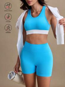 SHEIN Sovereign Charm Women's Summer Colorblock Comfortable Wire-Free Sports Bra And Shorts Set - Blue - View 1