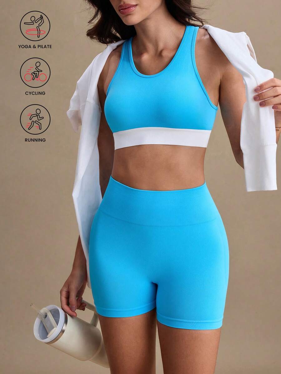 SHEIN Sovereign Charm Women's Summer Colorblock Comfortable Wire-Free Sports Bra And Shorts Set - Blue - View 1