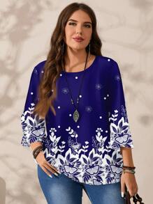 EMERY ROSE 大码女式休闲全印花圆领宽松 3/4 袖衬衫，春/秋