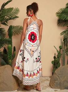 Travachic 女士梭织印花长款露背连衣裙、女士夏季服装、沙滩装、春夏装、复活节、节日服装、女士沙滩装、春假、女士度假服装、女士演唱会服装、波西米亚风、波西米亚风、音乐节、美国独立日服装、热带度假女士服装 - 米色 - 查看 2